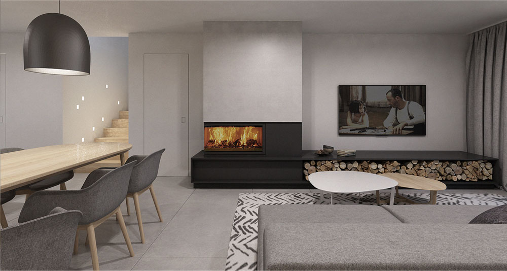 Moderni dnevni prostor s kaminom.